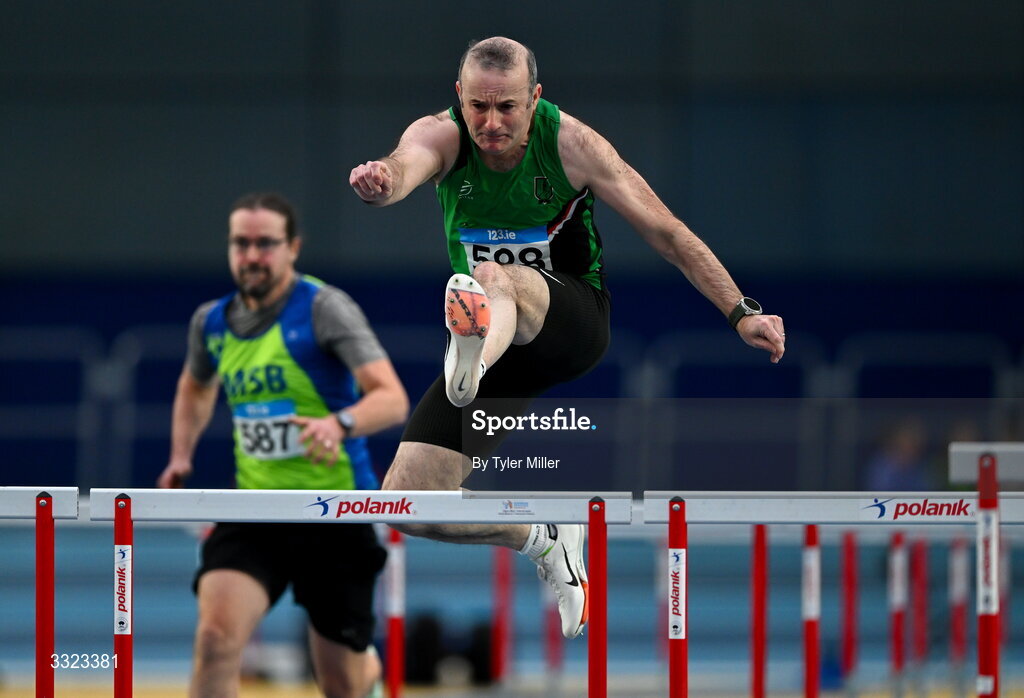 18 January 2026; David Stewart of Derry Track A.C., Derry, competes in the men's over 50 60m hurdles during day two of the 123.ie National Indoor AAI Games and Combined Events at the National Indoor Arena on the Sport Ireland Campus in Dublin.  Photo by Tyler Miller/Sportsfile