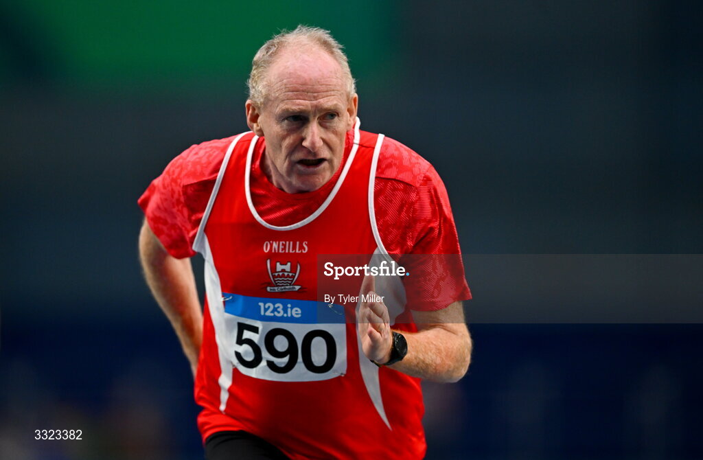 18 January 2026; John O’Connor of Enniscorthy A.C., Wexford, competes in the men's over 60 60m hurdles during day two of the 123.ie National Indoor AAI Games and Combined Events at the National Indoor Arena on the Sport Ireland Campus in Dublin.  Photo by Tyler Miller/Sportsfile