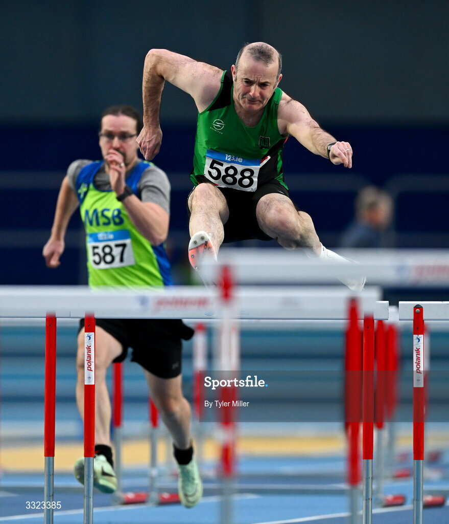 18 January 2026; David Stewart of Derry Track A.C., Derry, competes in the men's over 50 60m hurdles during day two of the 123.ie National Indoor AAI Games and Combined Events at the National Indoor Arena on the Sport Ireland Campus in Dublin.  Photo by Tyler Miller/Sportsfile