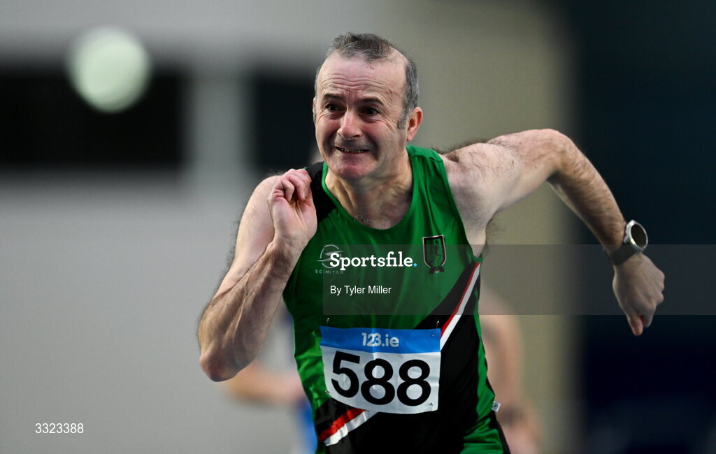 18 January 2026; David Stewart of Derry Track A.C., Derry, competes in the men's over 50 60m hurdles during day two of the 123.ie National Indoor AAI Games and Combined Events at the National Indoor Arena on the Sport Ireland Campus in Dublin.  Photo by Tyler Miller/Sportsfile