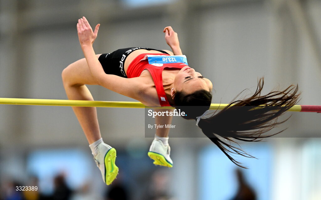 18 January 2026; Rebecca Trimble of Dundalk St. Gerards A.C., Louth, competes in the youth high jump during day two of the 123.ie National Indoor AAI Games and Combined Events at the National Indoor Arena on the Sport Ireland Campus in Dublin.  Photo by Tyler Miller/Sportsfile