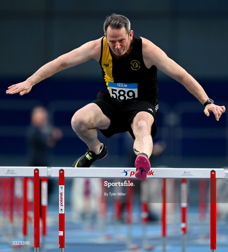 18 January 2026; Gerry O'Brien of Dunshaughlin A.C., Meath, competes in the men's over 60 60m hurdles during day two of the 123.ie National Indoor AAI Games and Combined Events at the National Indoor Arena on the Sport Ireland Campus in Dublin.  Photo by Tyler Miller/Sportsfile