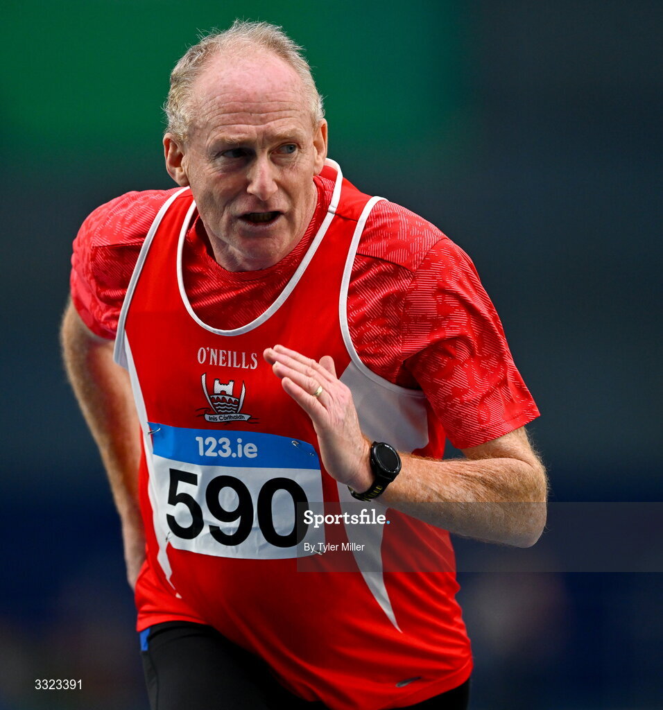 18 January 2026; John O’Connor of Enniscorthy A.C., Wexford, competes in the men's over 60 60m hurdles during day two of the 123.ie National Indoor AAI Games and Combined Events at the National Indoor Arena on the Sport Ireland Campus in Dublin.  Photo by Tyler Miller/Sportsfile