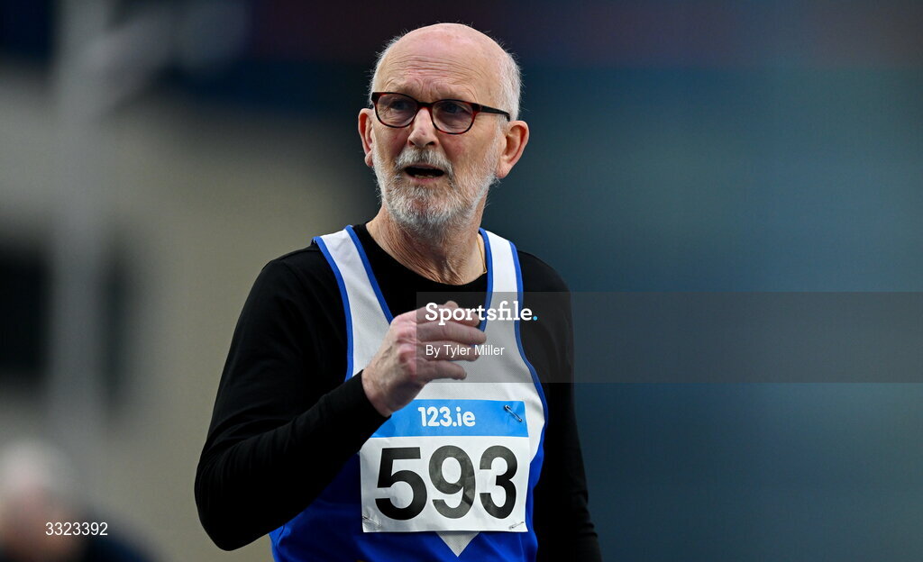 18 January 2026; Michael McCaffrey of Ratoath A.C., Meath, after competing in the men's over 60 60m hurdles during day two of the 123.ie National Indoor AAI Games and Combined Events at the National Indoor Arena on the Sport Ireland Campus in Dublin.  Photo by Tyler Miller/Sportsfile