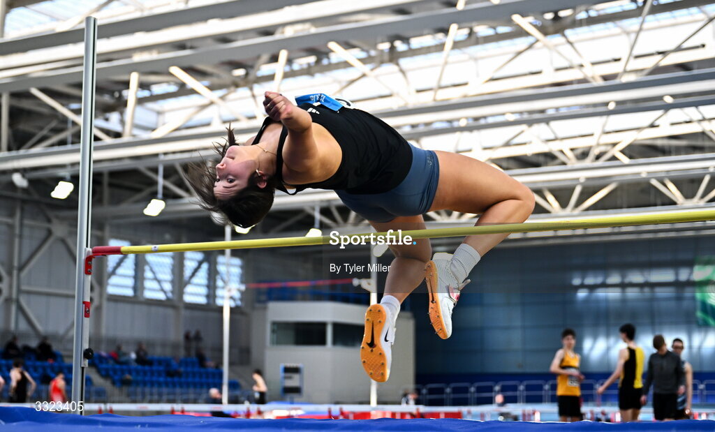 18 January 2026; Saoirse Hunter of Swinford A.C., Mayo, competes in the women's u20 high jump during day two of the 123.ie National Indoor AAI Games and Combined Events at the National Indoor Arena on the Sport Ireland Campus in Dublin.  Photo by Tyler Miller/Sportsfile
