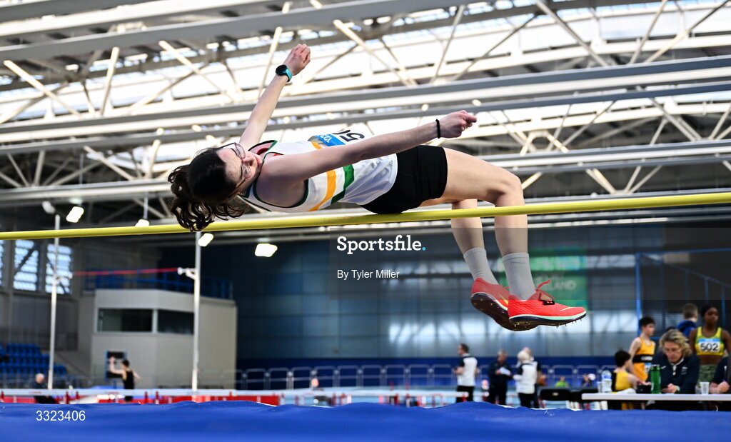 18 January 2026; Elanna Kelly of St. Abbans A.C., Laois, competes in the youth high jump during day two of the 123.ie National Indoor AAI Games and Combined Events at the National Indoor Arena on the Sport Ireland Campus in Dublin.  Photo by Tyler Miller/Sportsfile