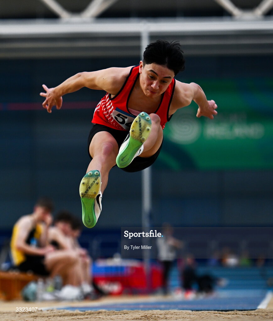 18 January 2026; Calvin McCourt of Dundalk St. Gerards A.C., Louth, competes in the boys u15 long jump during day two of the 123.ie National Indoor AAI Games and Combined Events at the National Indoor Arena on the Sport Ireland Campus in Dublin.  Photo by Tyler Miller/Sportsfile