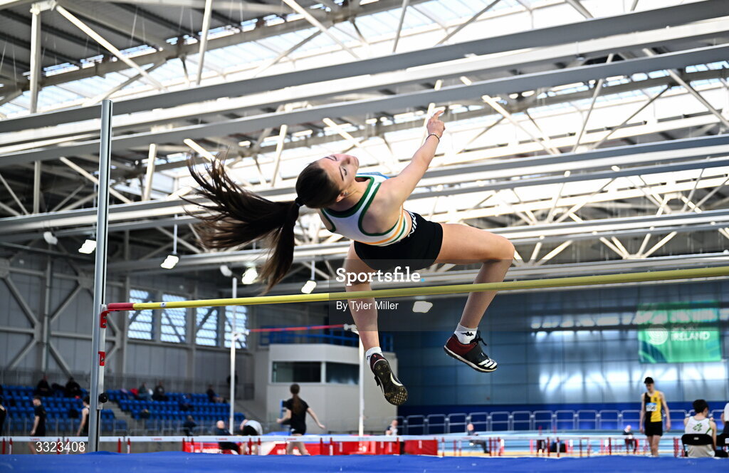 18 January 2026; Cara English of St. Abbans A.C., Laois,  competes in the youth high jump during day two of the 123.ie National Indoor AAI Games and Combined Events at the National Indoor Arena on the Sport Ireland Campus in Dublin.  Photo by Tyler Miller/Sportsfile