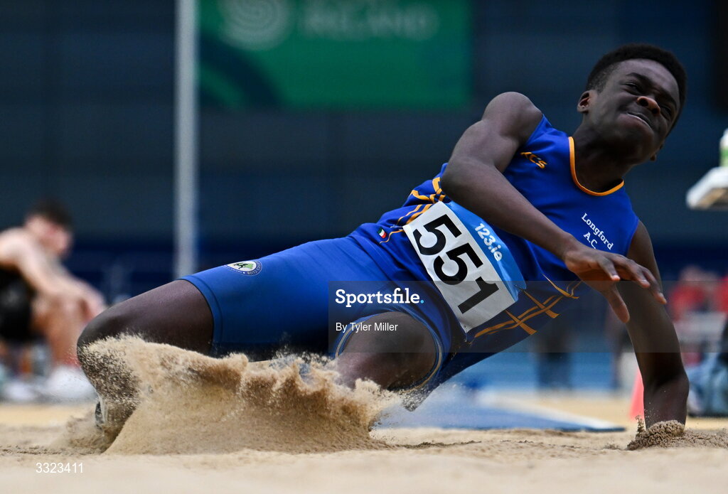 18 January 2026; El’Nathan Okoh of Longford A.C., Longford, competes in the boys u15 long jump during day two of the 123.ie National Indoor AAI Games and Combined Events at the National Indoor Arena on the Sport Ireland Campus in Dublin.  Photo by Tyler Miller/Sportsfile