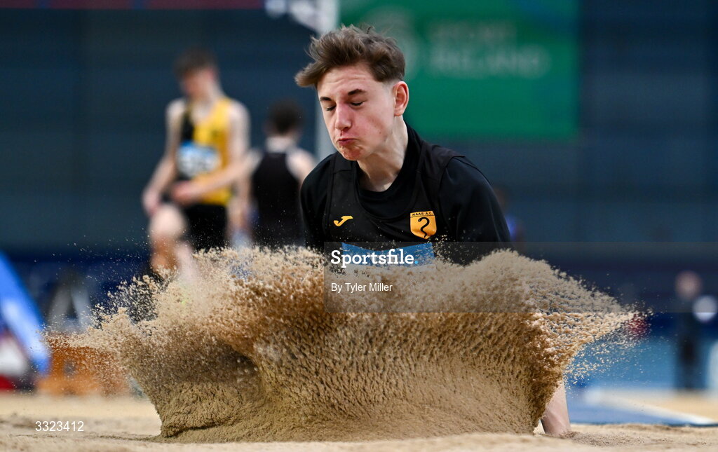 18 January 2026; Harry Kearney of Naas A.C., Kildare, competes in the boys u15 long jump during day two of the 123.ie National Indoor AAI Games and Combined Events at the National Indoor Arena on the Sport Ireland Campus in Dublin.  Photo by Tyler Miller/Sportsfile