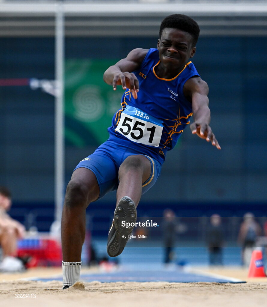 18 January 2026; El’Nathan Okoh of Longford A.C., Longford, competes in the boys u15 long jump during day two of the 123.ie National Indoor AAI Games and Combined Events at the National Indoor Arena on the Sport Ireland Campus in Dublin.  Photo by Tyler Miller/Sportsfile