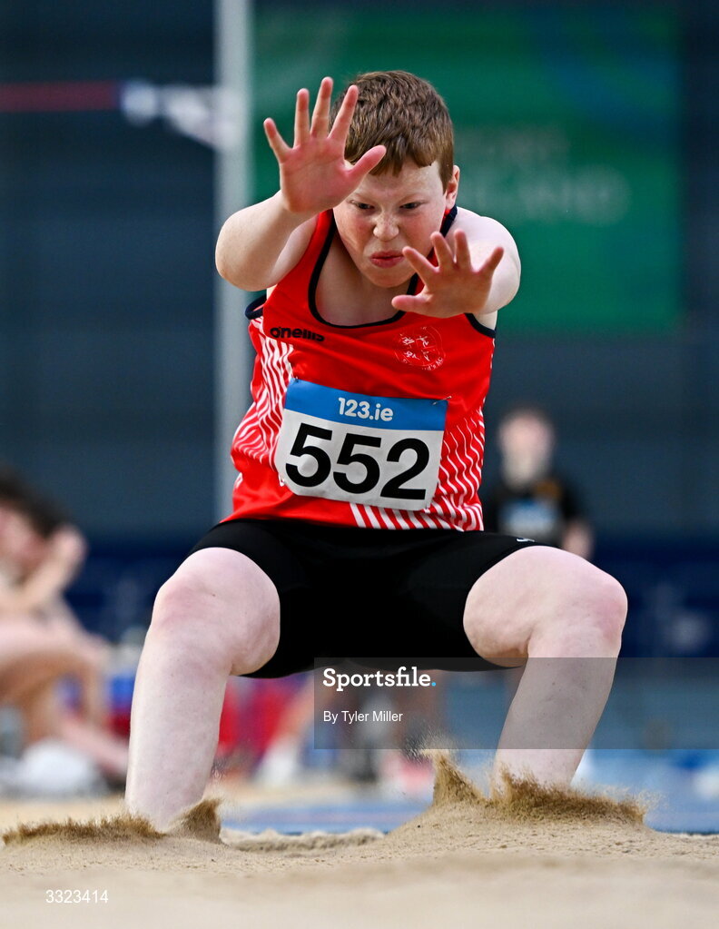 18 January 2026; Evan Cheshire of Dundalk St. Gerards A.C., Louth, competes in the boys u15 long jump during day two of the 123.ie National Indoor AAI Games and Combined Events at the National Indoor Arena on the Sport Ireland Campus in Dublin.  Photo by Tyler Miller/Sportsfile