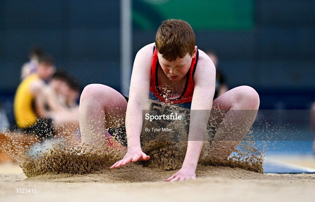 18 January 2026; Evan Cheshire of Dundalk St. Gerards A.C., Louth, competes in the boys u15 long jump during day two of the 123.ie National Indoor AAI Games and Combined Events at the National Indoor Arena on the Sport Ireland Campus in Dublin.  Photo by Tyler Miller/Sportsfile