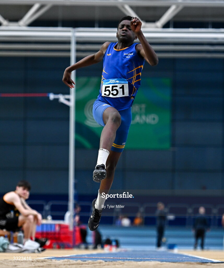 18 January 2026; El’Nathan Okoh of Longford A.C., Longford, competes in the boys u15 long jump during day two of the 123.ie National Indoor AAI Games and Combined Events at the National Indoor Arena on the Sport Ireland Campus in Dublin.  Photo by Tyler Miller/Sportsfile