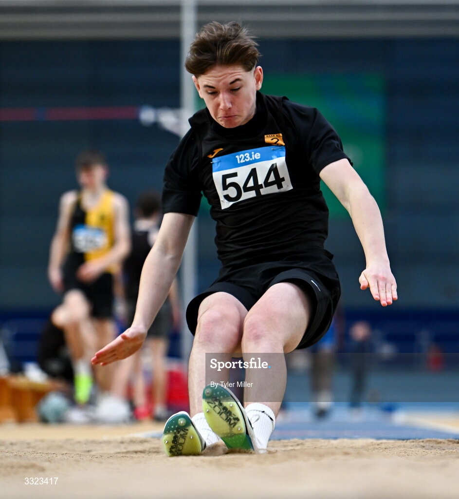 18 January 2026; Harry Kearney of Naas A.C., Kildare, competes in the boys u15 long jump during day two of the 123.ie National Indoor AAI Games and Combined Events at the National Indoor Arena on the Sport Ireland Campus in Dublin.  Photo by Tyler Miller/Sportsfile