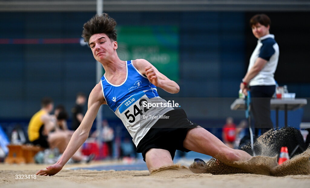 18 January 2026; Harry Butcher of St. Laurence O’Toole A.C., Carlow, competes in the boys u15 long jump during day two of the 123.ie National Indoor AAI Games and Combined Events at the National Indoor Arena on the Sport Ireland Campus in Dublin.  Photo by Tyler Miller/Sportsfile