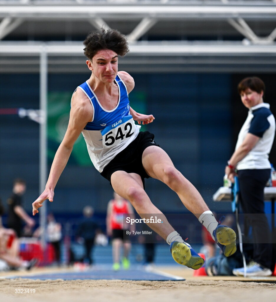 18 January 2026; Harry Butcher of St. Laurence O’Toole A.C., Carlow, competes in the boys u15 long jump during day two of the 123.ie National Indoor AAI Games and Combined Events at the National Indoor Arena on the Sport Ireland Campus in Dublin.  Photo by Tyler Miller/Sportsfile