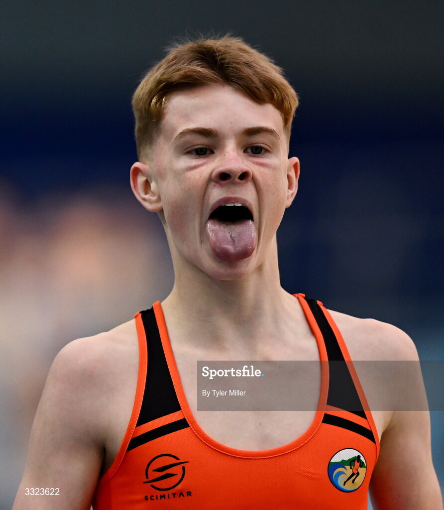 18 January 2026; Evan Ward of Rosses A.C., Donegal, after competing in the boys u16 800m during day two of the 123.ie National Indoor AAI Games and Combined Events at the National Indoor Arena on the Sport Ireland Campus in Dublin.  Photo by Tyler Miller/Sportsfile