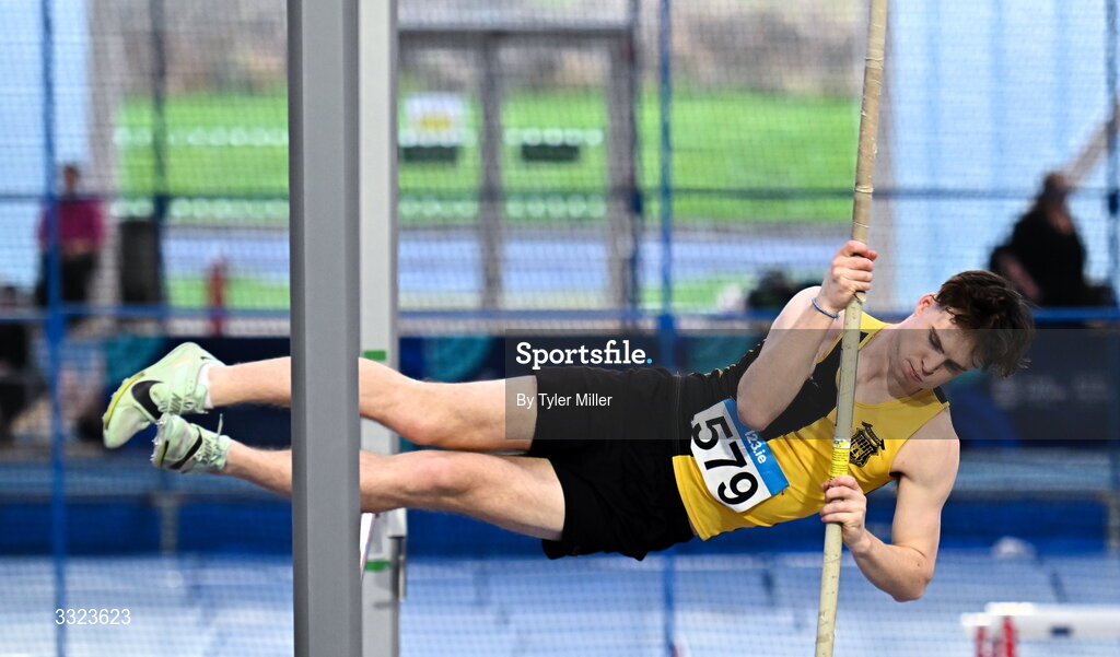 18 January 2026; Noah Gilmore of Kilkenny City Harriers A.C. competes in the mens senior pole vault during day two of the 123.ie National Indoor AAI Games and Combined Events at the National Indoor Arena on the Sport Ireland Campus in Dublin.  Photo by Tyler Miller/Sportsfile