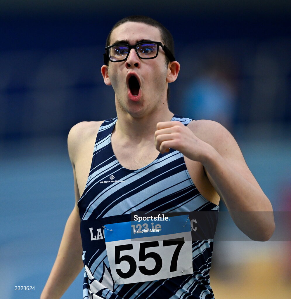18 January 2026; Elia Boeri of Lagan Valley A.C., Antrim, after competing in the boys u16 800m during day two of the 123.ie National Indoor AAI Games and Combined Events at the National Indoor Arena on the Sport Ireland Campus in Dublin.  Photo by Tyler Miller/Sportsfile