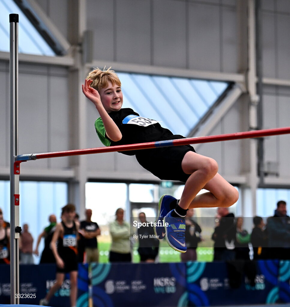 18 January 2026; Leon Keogh of Clongriffin A.C., Dublin, competes in the boys u14 high jump during day two of the 123.ie National Indoor AAI Games and Combined Events at the National Indoor Arena on the Sport Ireland Campus in Dublin.  Photo by Tyler Miller/Sportsfile