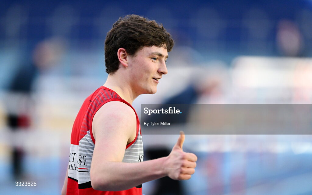 18 January 2026; Daniel Downey of Portlaoise A.C., Laois, after competing in the youth 60m hurdles during day two of the 123.ie National Indoor AAI Games and Combined Events at the National Indoor Arena on the Sport Ireland Campus in Dublin.  Photo by Tyler Miller/Sportsfile