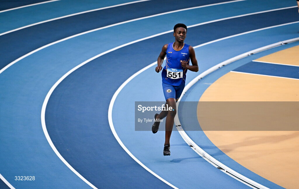 18 January 2026; El’Nathan Okoh of Longford A.C., Longford, competes in the boys u15 800m during day two of the 123.ie National Indoor AAI Games and Combined Events at the National Indoor Arena on the Sport Ireland Campus in Dublin.  Photo by Tyler Miller/Sportsfile