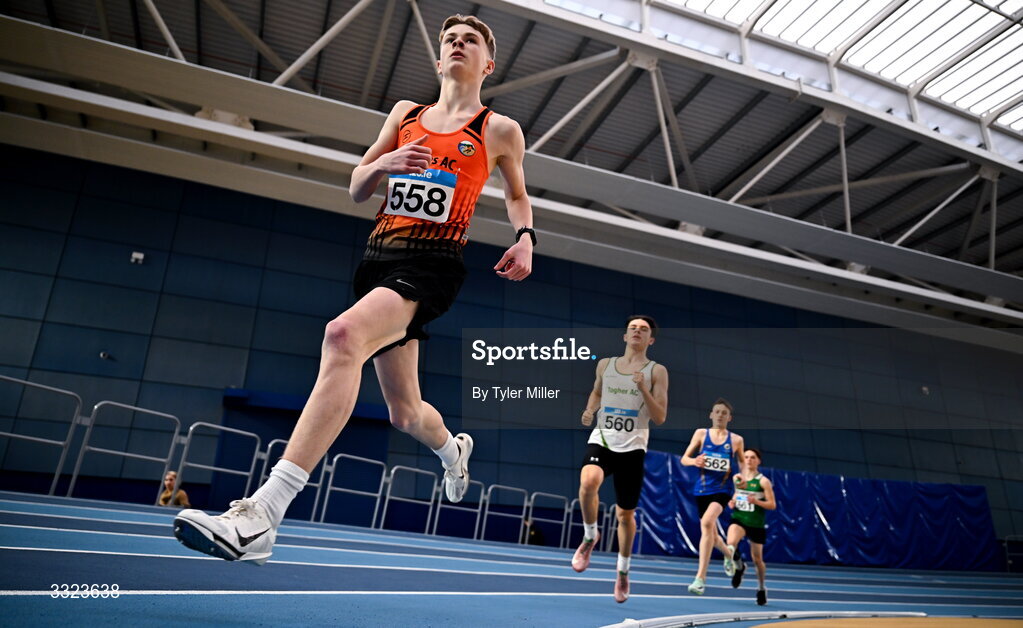 18 January 2026; Evan Ward of Rosses A.C., Donegal, leads the field in the boys u16 800m during day two of the 123.ie National Indoor AAI Games and Combined Events at the National Indoor Arena on the Sport Ireland Campus in Dublin.  Photo by Tyler Miller/Sportsfile