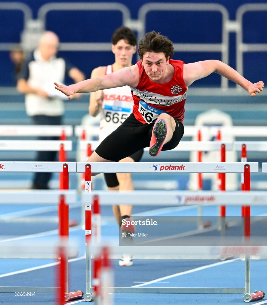 18 January 2026; Daniel Downey of Portlaoise A.C., Laois, competes in the youth 60m hurdles during day two of the 123.ie National Indoor AAI Games and Combined Events at the National Indoor Arena on the Sport Ireland Campus in Dublin.  Photo by Tyler Miller/Sportsfile