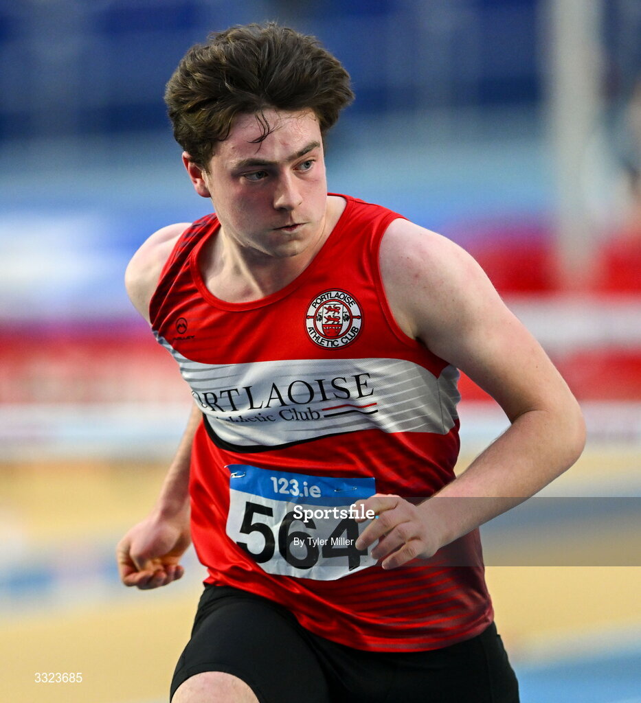 18 January 2026; Daniel Downey of Portlaoise A.C., Laois, competes in the youth 60m hurdles during day two of the 123.ie National Indoor AAI Games and Combined Events at the National Indoor Arena on the Sport Ireland Campus in Dublin.  Photo by Tyler Miller/Sportsfile