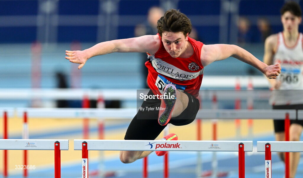 18 January 2026; Daniel Downey of Portlaoise A.C., Laois, competes in the youth 60m hurdles during day two of the 123.ie National Indoor AAI Games and Combined Events at the National Indoor Arena on the Sport Ireland Campus in Dublin.  Photo by Tyler Miller/Sportsfile