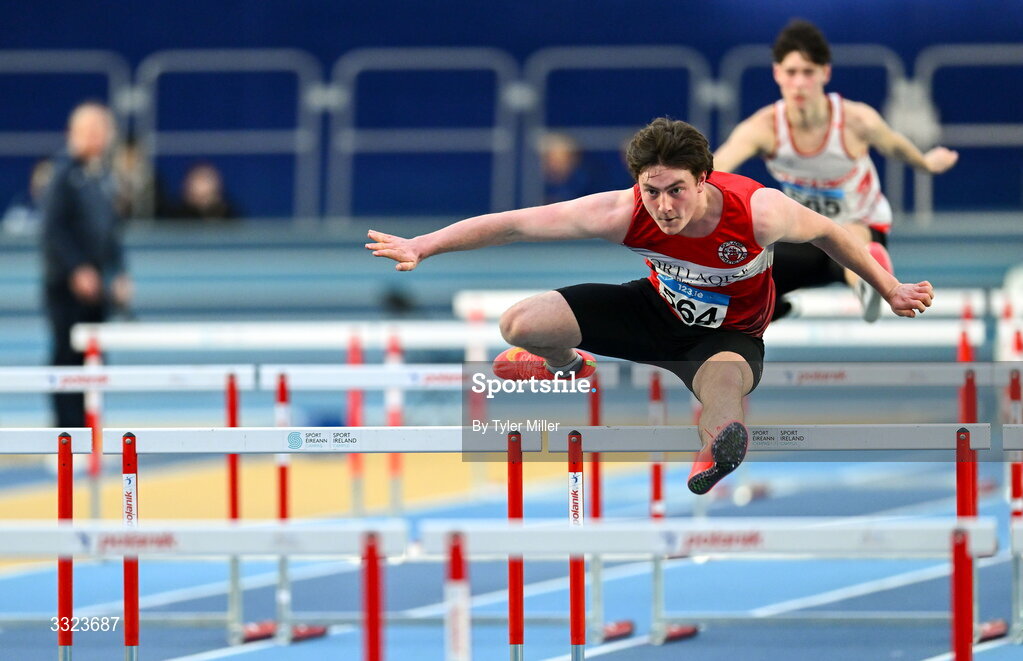 18 January 2026; Daniel Downey of Portlaoise A.C., Laois, competes in the youth 60m hurdles during day two of the 123.ie National Indoor AAI Games and Combined Events at the National Indoor Arena on the Sport Ireland Campus in Dublin.  Photo by Tyler Miller/Sportsfile