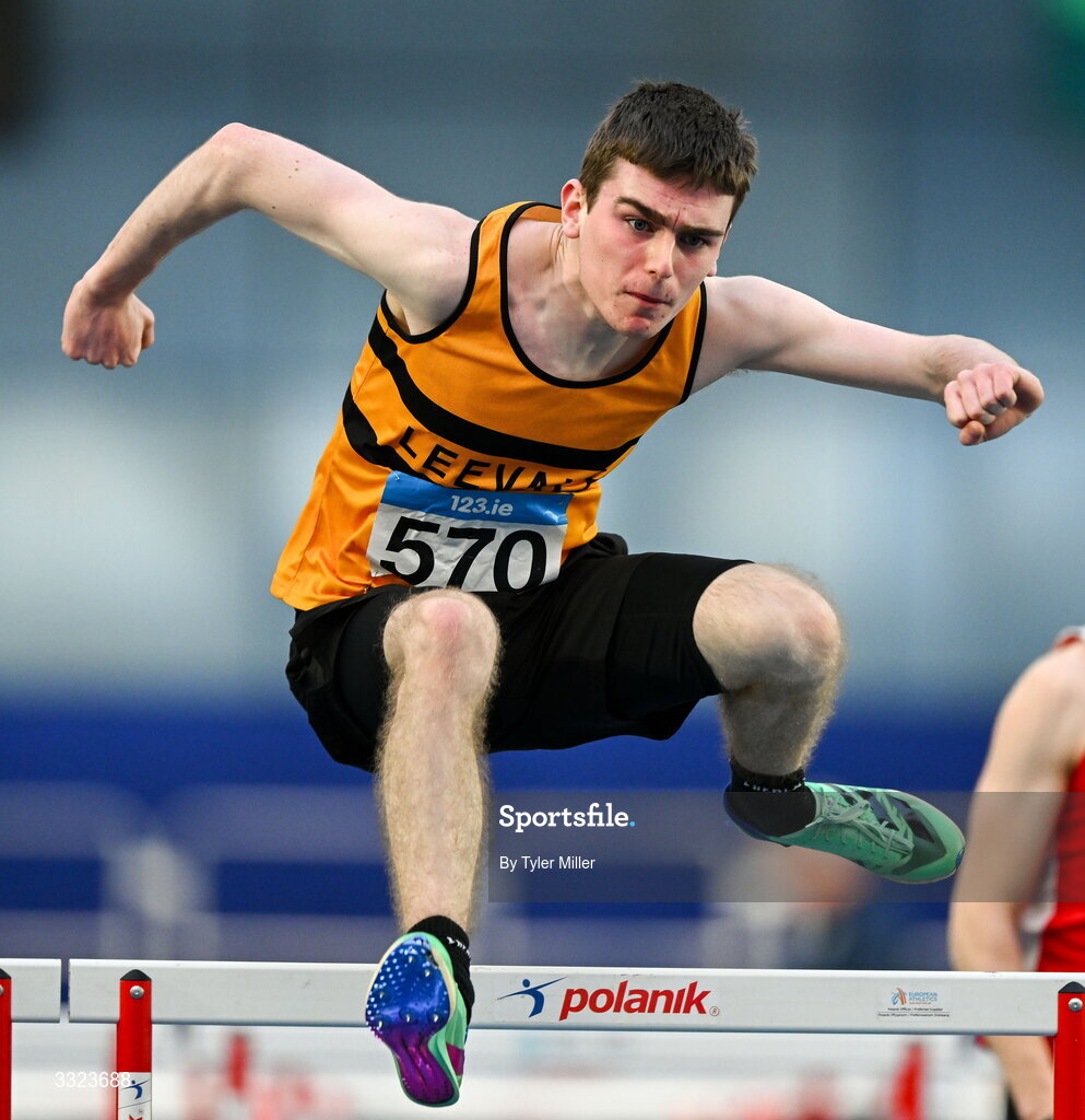 18 January 2026; Diarmuid Bannon of Leevale A.C., Cork, competes in the men's u20 60m hurdles during day two of the 123.ie National Indoor AAI Games and Combined Events at the National Indoor Arena on the Sport Ireland Campus in Dublin.  Photo by Tyler Miller/Sportsfile