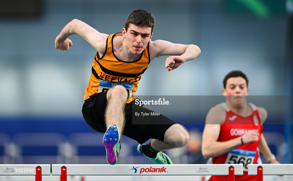 18 January 2026; Diarmuid Bannon of Leevale A.C., Cork, competes in the men's u20 60m hurdles during day two of the 123.ie National Indoor AAI Games and Combined Events at the National Indoor Arena on the Sport Ireland Campus in Dublin.  Photo by Tyler Miller/Sportsfile