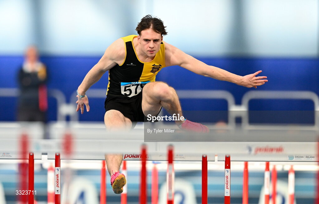 18 January 2026; Noah Gilmore of Kilkenny City Harriers A.C., Kilkenny, competes in the senior men's 60m hurdles during day two of the 123.ie National Indoor AAI Games and Combined Events at the National Indoor Arena on the Sport Ireland Campus in Dublin.  Photo by Tyler Miller/Sportsfile