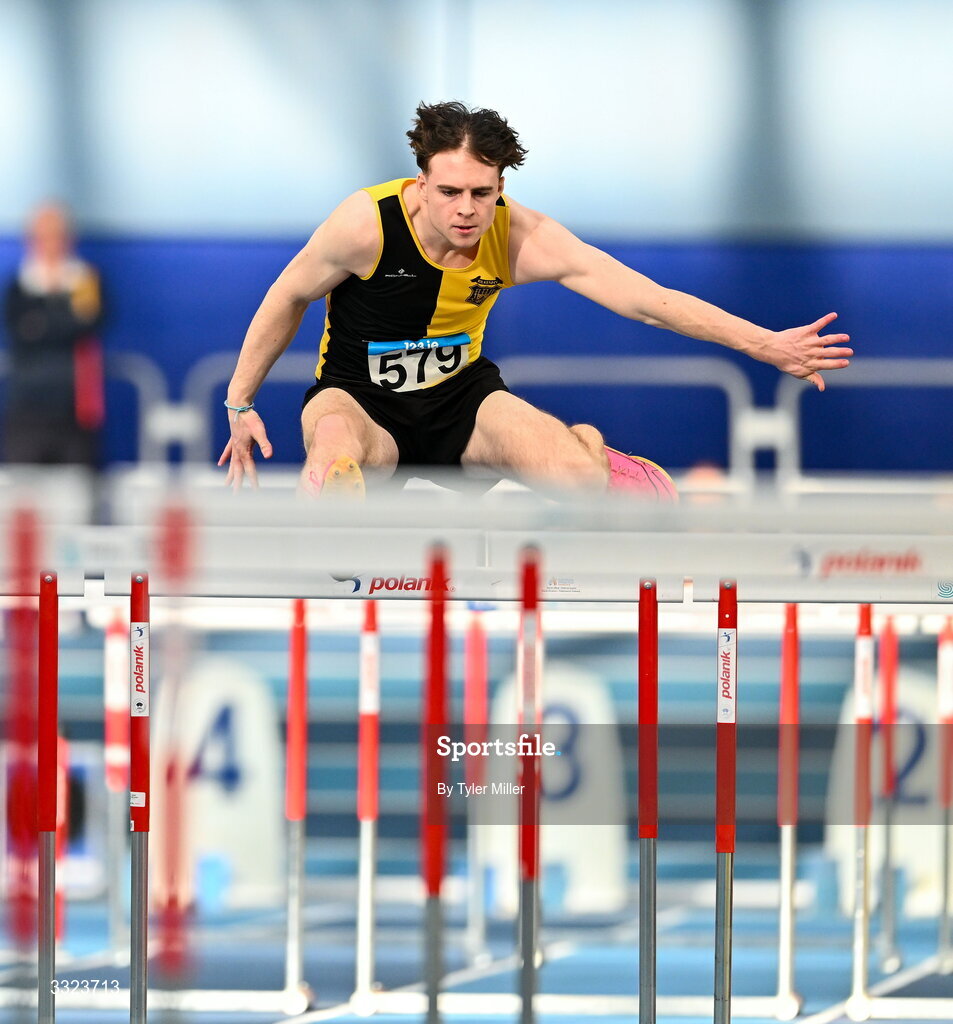 18 January 2026; Noah Gilmore of Kilkenny City Harriers A.C., Kilkenny, competes in the senior men's 60m hurdles during day two of the 123.ie National Indoor AAI Games and Combined Events at the National Indoor Arena on the Sport Ireland Campus in Dublin.  Photo by Tyler Miller/Sportsfile