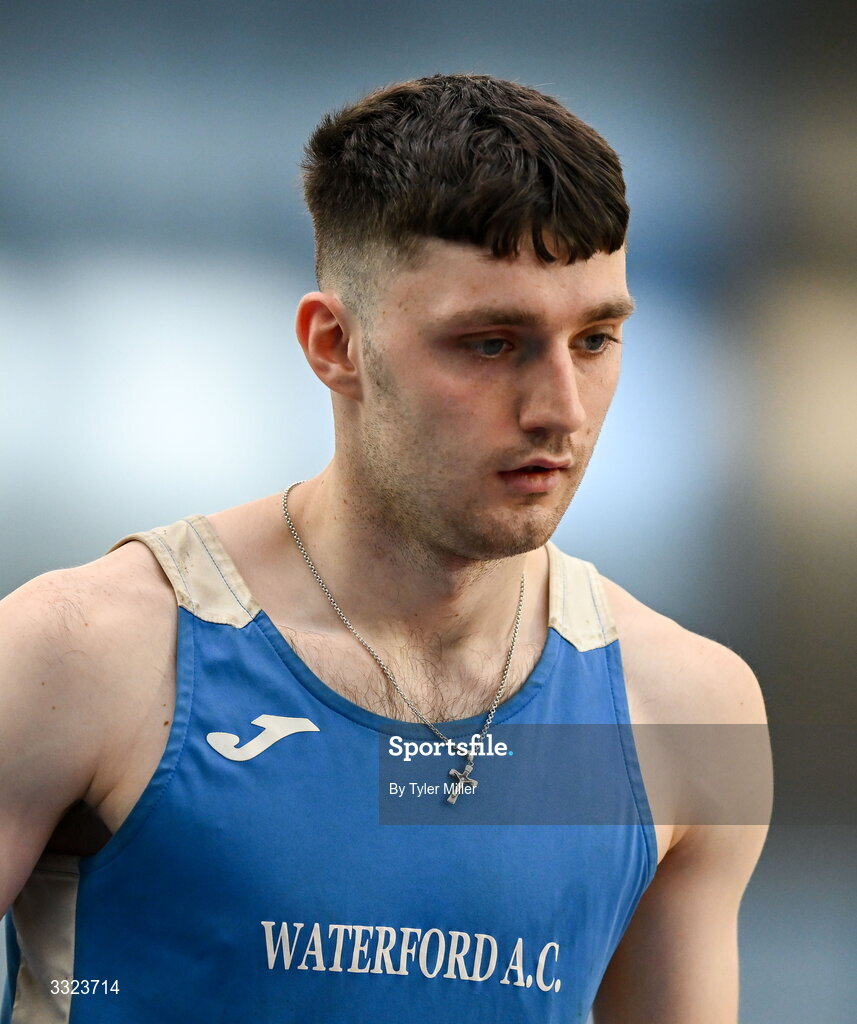18 January 2026; Evan Hayes of Waterford A.C., Waterford, after competing in the senior men's 60m hurdles during day two of the 123.ie National Indoor AAI Games and Combined Events at the National Indoor Arena on the Sport Ireland Campus in Dublin.  Photo by Tyler Miller/Sportsfile