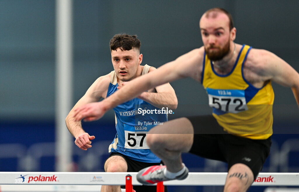 18 January 2026; Evan Hayes of Waterford A.C., Waterford, competes in the senior men's 60m hurdles during day two of the 123.ie National Indoor AAI Games and Combined Events at the National Indoor Arena on the Sport Ireland Campus in Dublin.  Photo by Tyler Miller/Sportsfile