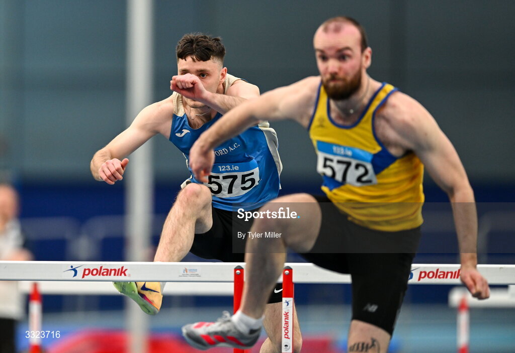 18 January 2026; Evan Hayes of Waterford A.C., Waterford, competes in the senior men's 60m hurdles during day two of the 123.ie National Indoor AAI Games and Combined Events at the National Indoor Arena on the Sport Ireland Campus in Dublin.  Photo by Tyler Miller/Sportsfile