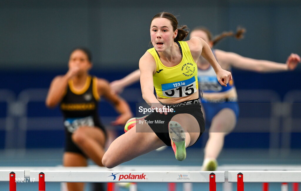 18 January 2026; Emily Hession of South Sligo A.C., Sligo competes in the women's u20 60m hurdles during day two of the 123.ie National Indoor AAI Games and Combined Events at the National Indoor Arena on the Sport Ireland Campus in Dublin.  Photo by Tyler Miller/Sportsfile