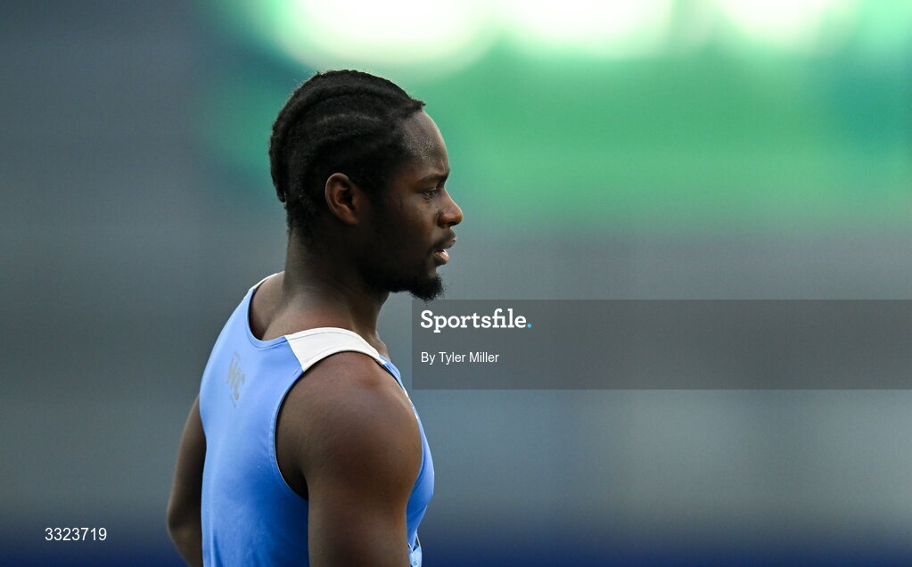 18 January 2026; Taiwo Adereni of Waterford A.C., Waterford, after competing in the senior men's 60m hurdles during day two of the 123.ie National Indoor AAI Games and Combined Events at the National Indoor Arena on the Sport Ireland Campus in Dublin.  Photo by Tyler Miller/Sportsfile