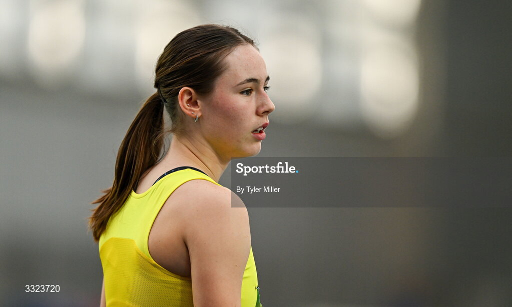 18 January 2026; Emily Hession of South Sligo A.C., Sligo after comepting in the women's u20 60m hurdles during day two of the 123.ie National Indoor AAI Games and Combined Events at the National Indoor Arena on the Sport Ireland Campus in Dublin.  Photo by Tyler Miller/Sportsfile