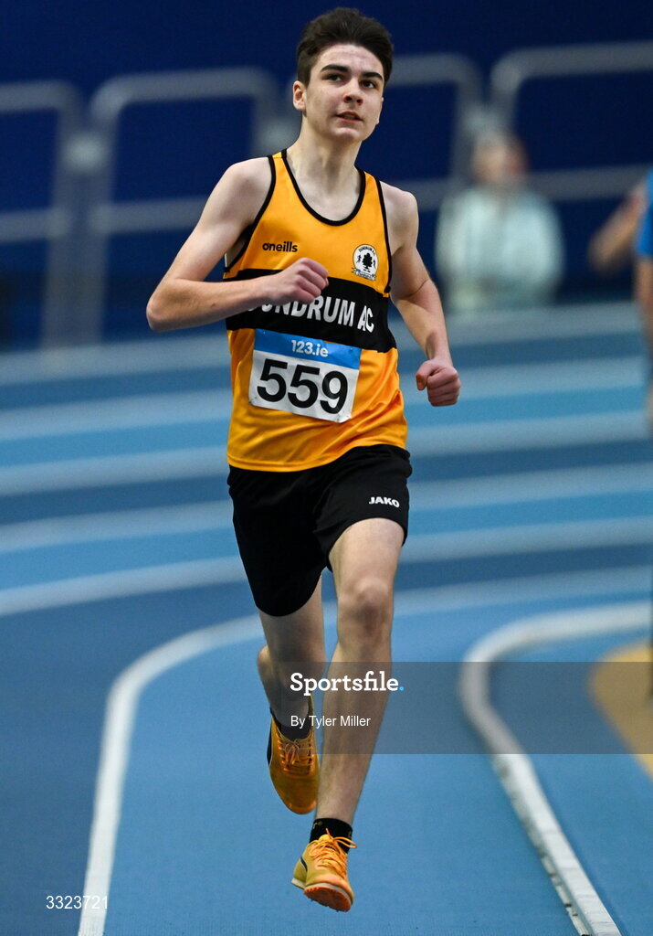 18 January 2026; Cian Fahey of Dundrum A.C. Dublin, competes in the boys u16 800m during day two of the 123.ie National Indoor AAI Games and Combined Events at the National Indoor Arena on the Sport Ireland Campus in Dublin.  Photo by Tyler Miller/Sportsfile