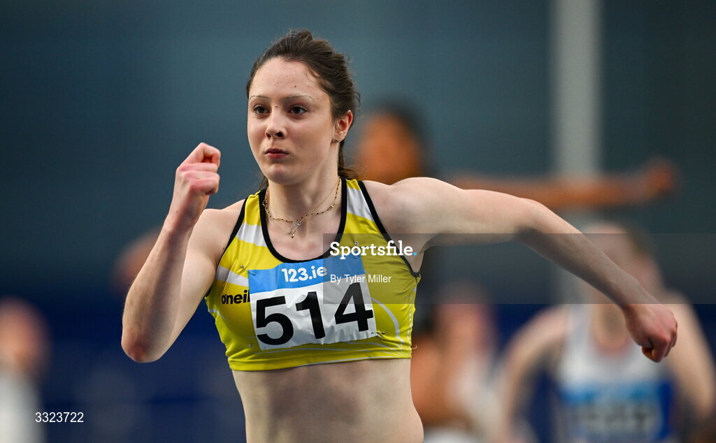 18 January 2026; Aoife Callan of Bandon A.C., Cork, competes in the women's u20 60m hurdles during day two of the 123.ie National Indoor AAI Games and Combined Events at the National Indoor Arena on the Sport Ireland Campus in Dublin.  Photo by Tyler Miller/Sportsfile
