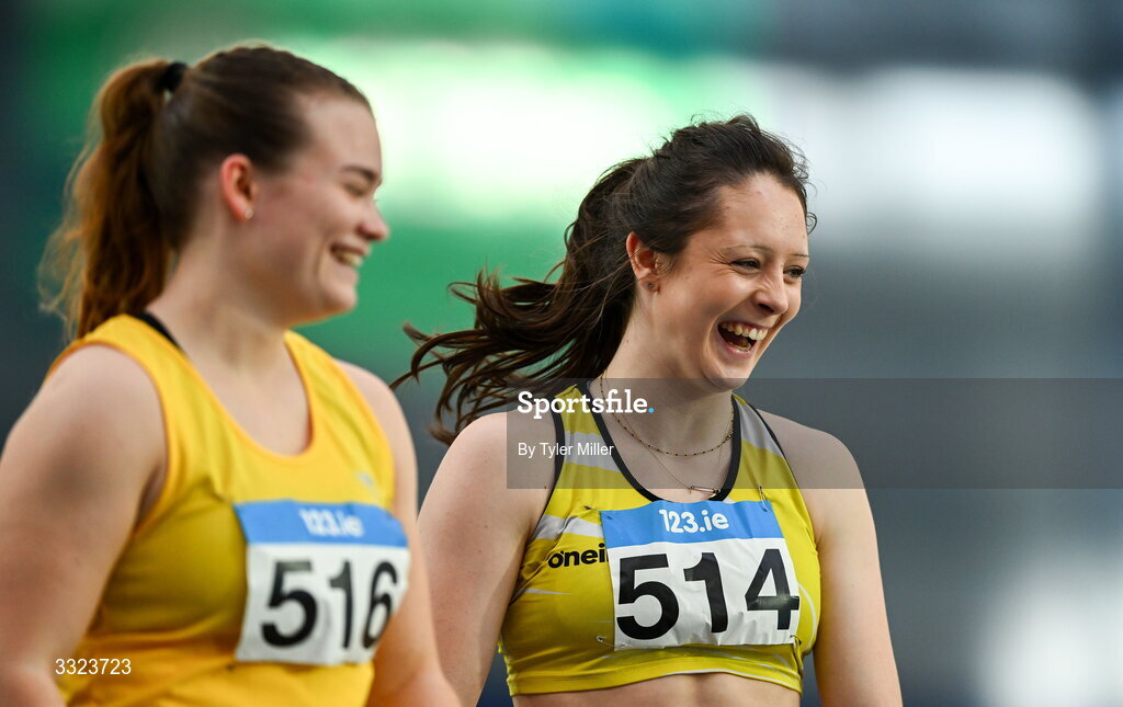 18 January 2026; Aoife Callan of Bandon A.C., Cork, right, after competing in the women's u20 60m hurdles during day two of the 123.ie National Indoor AAI Games and Combined Events at the National Indoor Arena on the Sport Ireland Campus in Dublin.  Photo by Tyler Miller/Sportsfile