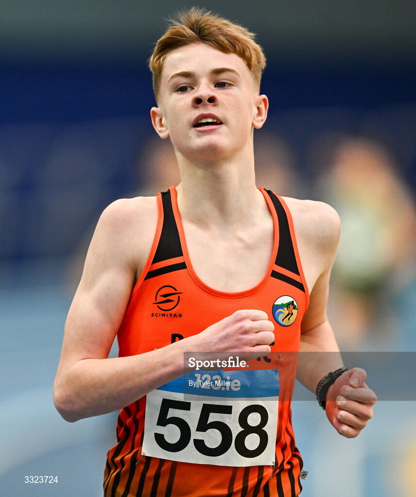 18 January 2026; Evan Ward of Rosses A.C., Donegal, competes in the boys u16 800m during day two of the 123.ie National Indoor AAI Games and Combined Events at the National Indoor Arena on the Sport Ireland Campus in Dublin.  Photo by Tyler Miller/Sportsfile