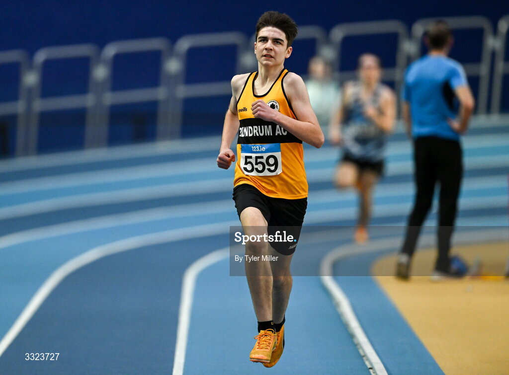 18 January 2026; Cian Fahey of Dundrum A.C. Dublin, competes in the boys u16 800m during day two of the 123.ie National Indoor AAI Games and Combined Events at the National Indoor Arena on the Sport Ireland Campus in Dublin.  Photo by Tyler Miller/Sportsfile