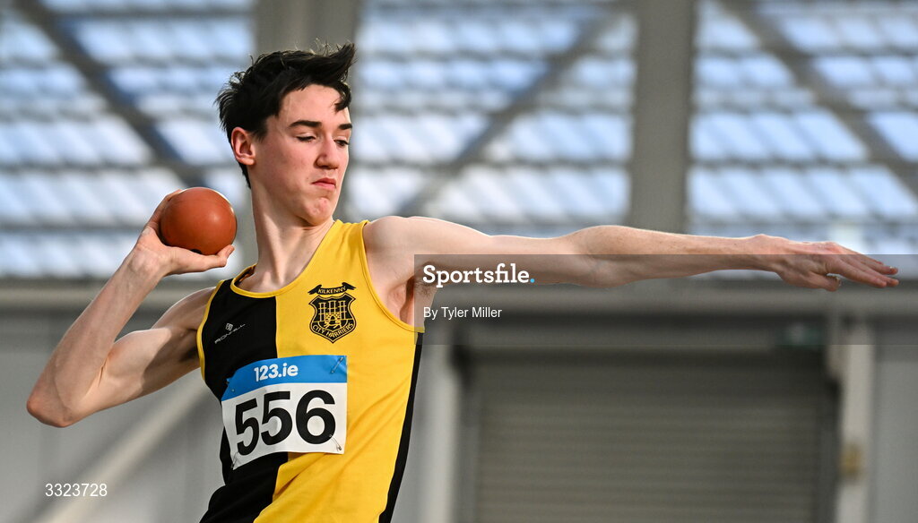 18 January 2026; Fiach Crowley of Kilkenny City Harriers A.C., Kilkenny, competes in the boys u16 shotput during day two of the 123.ie National Indoor AAI Games and Combined Events at the National Indoor Arena on the Sport Ireland Campus in Dublin.  Photo by Tyler Miller/Sportsfile