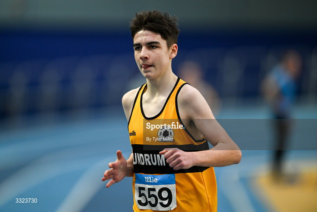 18 January 2026; Cian Fahey of Dundrum A.C. Dublin, competes in the boys u16 800m during day two of the 123.ie National Indoor AAI Games and Combined Events at the National Indoor Arena on the Sport Ireland Campus in Dublin.  Photo by Tyler Miller/Sportsfile