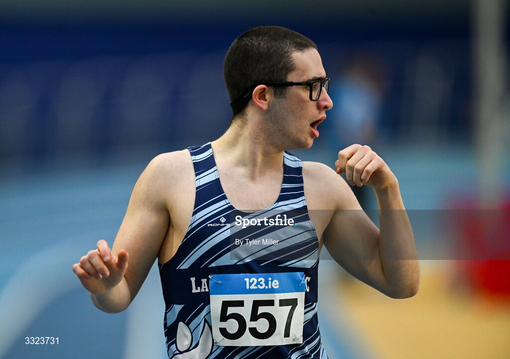 18 January 2026; Elia Boeri of Lagan Valley A.C., Antrim, after competing in the boys u16 800m during day two of the 123.ie National Indoor AAI Games and Combined Events at the National Indoor Arena on the Sport Ireland Campus in Dublin.  Photo by Tyler Miller/Sportsfile
